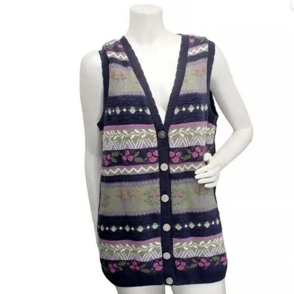 Vintage Northern Reflections Knit Button Up Sweater Vest Grannycore 90s Navy - Picture 2 of 9